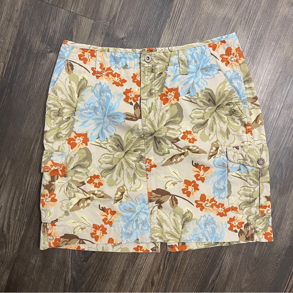 Eddie Bauer Skirt Women's 16 Floral Khaki Cargo Brown Colorful Flowers Pocket